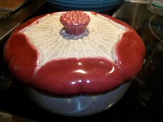Vintage California Pottery USA casserole floral lid 3D ivory pink EUC