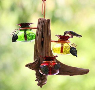  Glass & Wood  Hanging Hummingbird Feeder  3 Flower Feeding Ports Perry