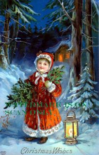 Vintage Image Girl w Red Hooded Coat on Forest Path Lantern New Xmas