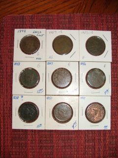  Lot of 9 Differant US Large Cents