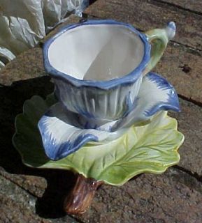 vintage majolica BLUE FLOWER cup & saucer DEMITASSE italy capodimonte