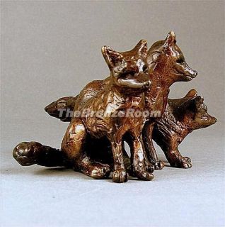 Three Fox Cubs Solid Bronze Linda Frances Sculpture