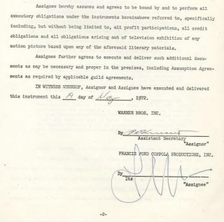 Francis Ford Coppola Original Vintage 1972 Signed Rights Contract