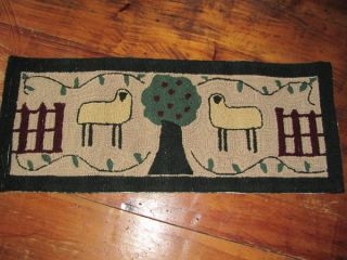 Folk Art Primitive Sheep Apple Tree Handmade Wool Hooked Rug 40 Long