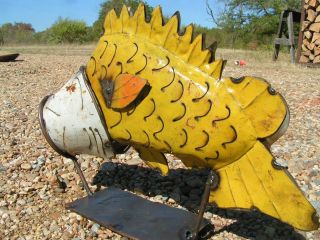 Metal Yard Art Big Mouth Bass Fish Sculpture Garden Recycled Junk Iron