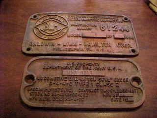 Original Baldwin Lima Hamilton US Army Builders Plate Combo 