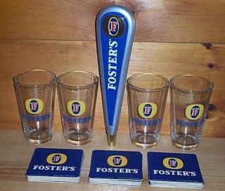 Fosters Tap Handle Keg Marker 4 Beer Pint Glasses Bar Coasters New