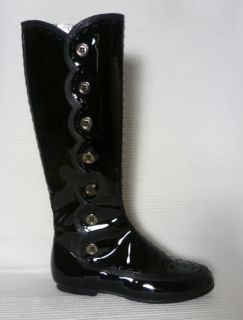 French Sole Black Patent Leather Scallop Button Detail Flat Knee High