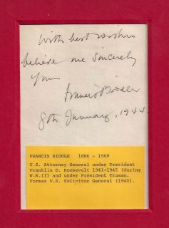 Francis Biddle Autograph with Inscription 1944 Nazi Nuremberg St Jude