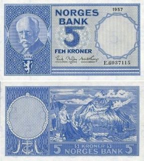Norway 5 Kroner P 30 AU Note Fridtjof Nansen 1957