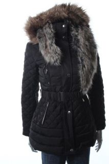 Famous Catalog Moda Black Quilted Full Zip Faux Fur Hooded Belted Coat