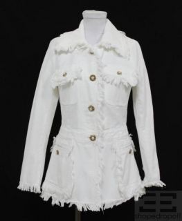 Dolce Gabbana White Denim Fringe Pearl Button Jacket Size 44 New $1195