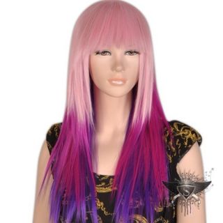 Carmine Purple Mixed Full Bangs Long Straight Cospaly Full Wig