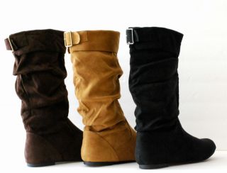 Tall Mid Calf Buckle Fux Suede Boots Flat Low Heel Fashion Cuff