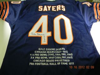 GALE SAYERS SIGNED AUTO CHICAGO BEARS TB CUSTOM STAT JERSEY HOF 77