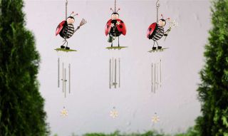 Metal Ladybug Wind chime garden decor insect black red 21 in outdoor