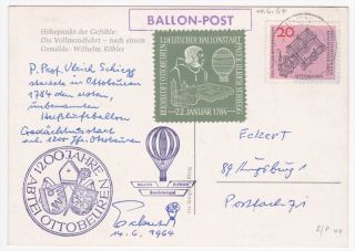 Germany 1964 D Ergee Balloon Flight Postcard with Label
