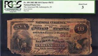 SCARCE 1882 $10 INDIANAPOLIS BROWNBACK National Banknote PCGS 3