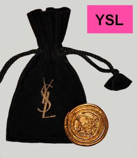 FRENCH VINTAGE SIGNED YVES SAINT LAURENT GOLD PIN + SIGLED POUCH