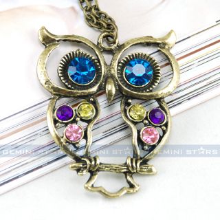 Owl Colorful Gemstones Crystals Pendant Bronze Necklace