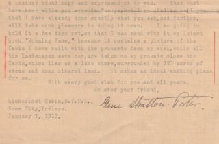 American Author Gene Stratton Porter Typed Letter