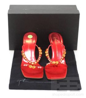 Giuseppe Zanotti Red Satin Multicolor Jeweled Strappy Heels Size 8