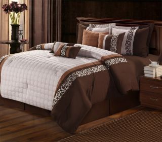 Glendale Beige Brown Queen 8 Piece Comforter Bed in A Bag Set New