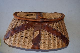 Vintage Old Wicker Fishing Creel Leather Accents