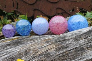 Set of 5 Hand Blown Glass Floats Gazing Garden Balls Blues, Purples