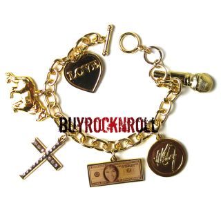 Whitney Houston Gold Charm Bracelet   Heart/Dog/Cross/Dollar/Pendant