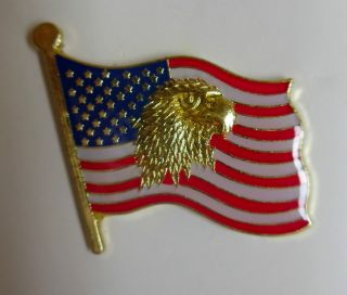 USA Flag with Gold Eagle Head Leather Jacket or Hat Tack Lapel Pin