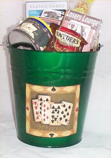 Poker Gift Basket Deluxe Tin Bucket Card Shuffler Nuts Candy Jerky