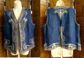 Coldwater Creek Denim Gold Silver Embroidered Open Front Lined Vest L