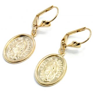 Gold 18K GF Earrings Dangle Leverback Guadalupe Virgin Medal