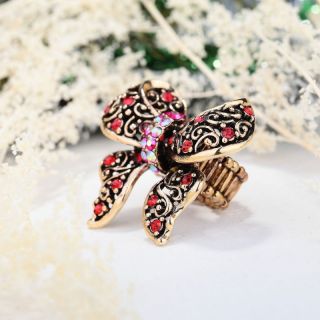 Gold Plated Filigree Rhinestone Large Bow Stretch Cocktail Ring Red