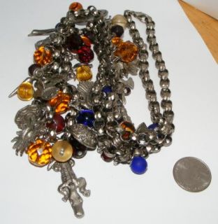 Graziano Big Long Heavy Charm Necklace Signed Glass Beads Costume