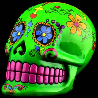 Green Day of the Dead LED Skull w Flowers Wicca Gothic Ships within 1
