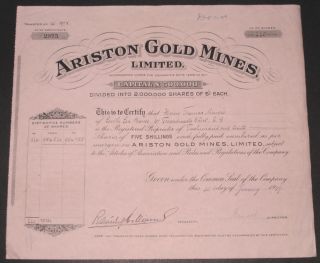1929 Ghana West Africa Ariston Gold Mines Stock Cert