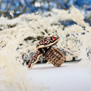 Gold Plated Filigree Rhinestone Large Bow Stretch Cocktail Ring Red