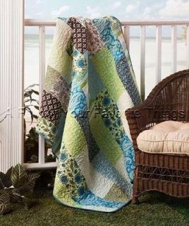 QUILTED THROW BLANKET BLUE GREEN BEIGE PAISLEY FLORAL BEDROOM LIVING
