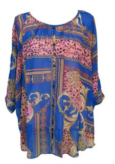 Sheer Blue Glamour Print Kaftan Tunic Sandrine Size 16 18 New