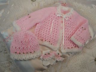 HANNAHS BOUTIQUE OOAK 3PC HAND KNITTED SET FOR NEWBORN BABY REBORN