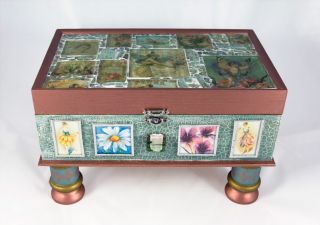 Handmade Glass Mosaic Wood Jewelry Box Flower Fairies