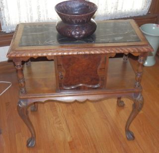 Antique Walnut + Onyx inlay top Tobacco Table copper lined humidor