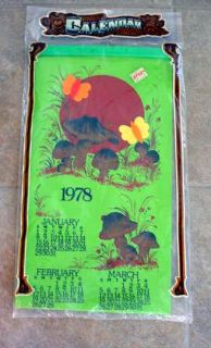 1978 Lime Green Felt Appliqued Calendar NIP Mushrooms