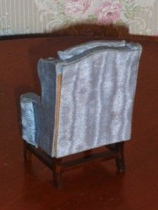 Old Dollhouse Miniature Blue Wing Back Chair for Living Room