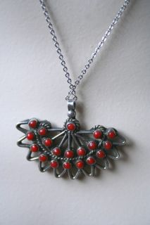 Turquoise Coral Fan Necklace Sterling Zuni Pendant