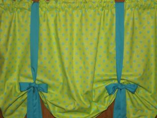Lime Green Blue Polka Dot Window Curtain Valance With Bows 42 Wx28 1 2