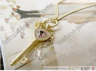  Clear Crystal Heart Key Crown Silver Gold Pendant Necklace