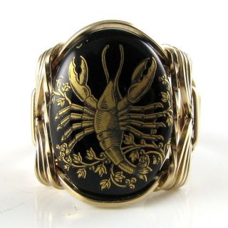Cancer Zodiac Sign Glass Cameo Ring 14k Rolled Gold The Crab